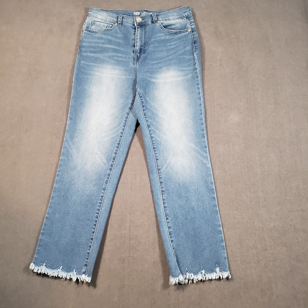 DG2 Diane Gilman Jeans Womens 8 Blue Virtual Stretch Scalloped Raw Hem Straight